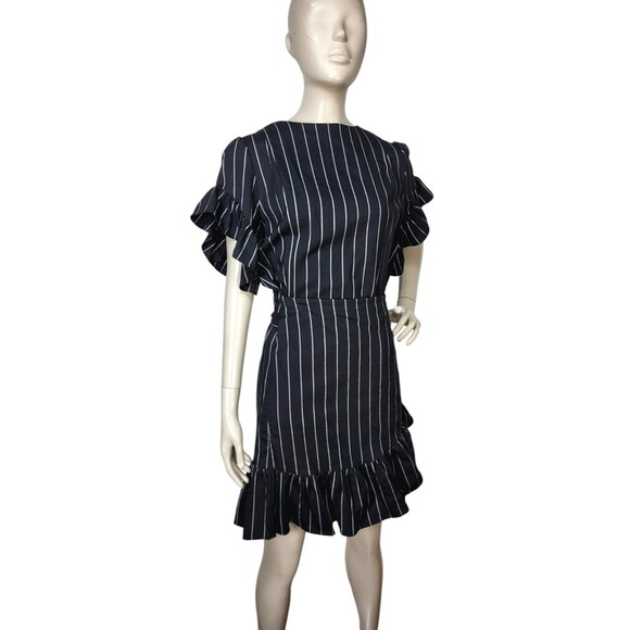 Supply & Demand Pinstriped Ruffled Flutter Sleeve Wrap Dress Large NEW - Picture 5 of 11